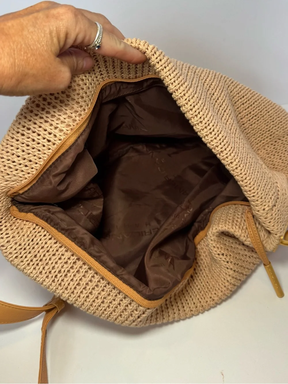 Americana by Sharif Boho Tan Woven Crochet Knit Slouchy Hobo Shoulder Bag